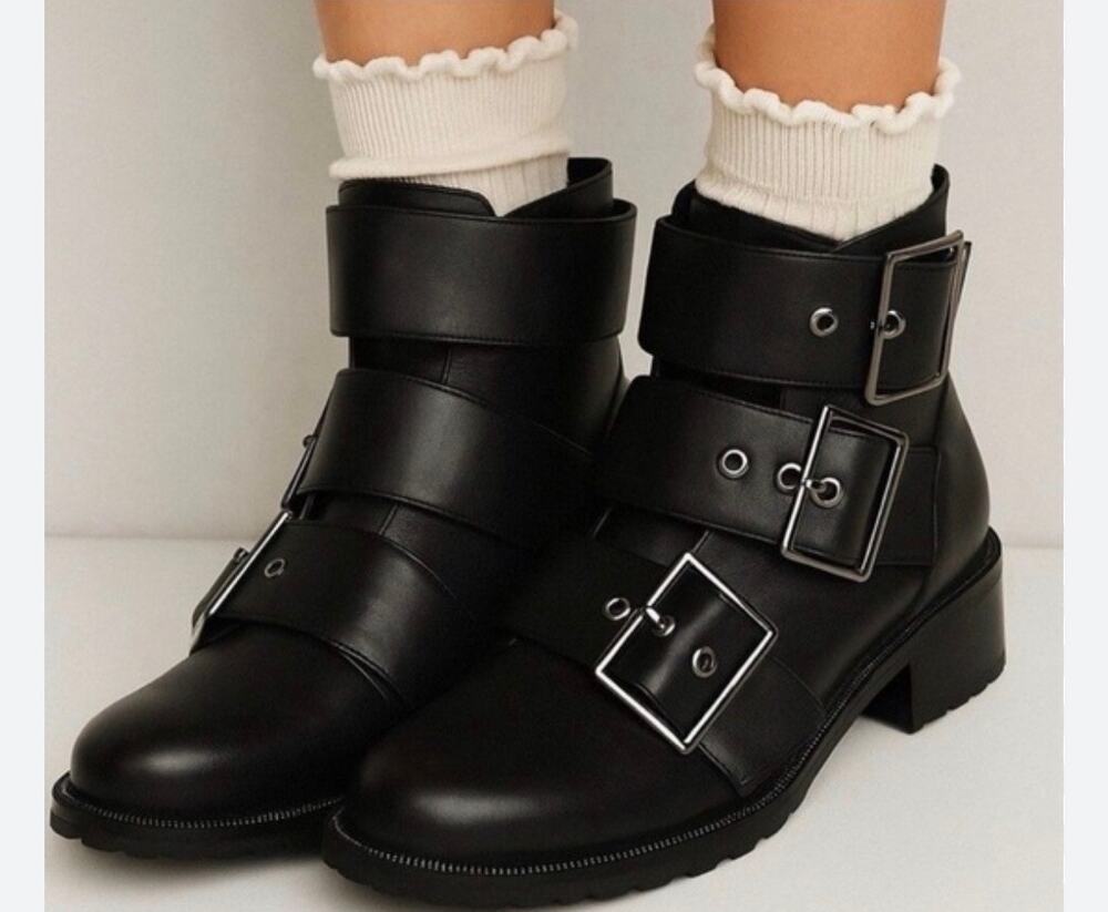 Blondo Black Waterproof Leather Triple Buckle Moto Ankle Boots